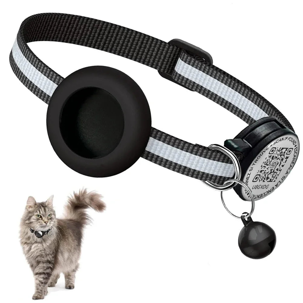 GPS Cat Collar 2-in-1 AirTag Case & QR ID Tag | Anti-Lost Reflective Nylon | Breakaway with Bell
