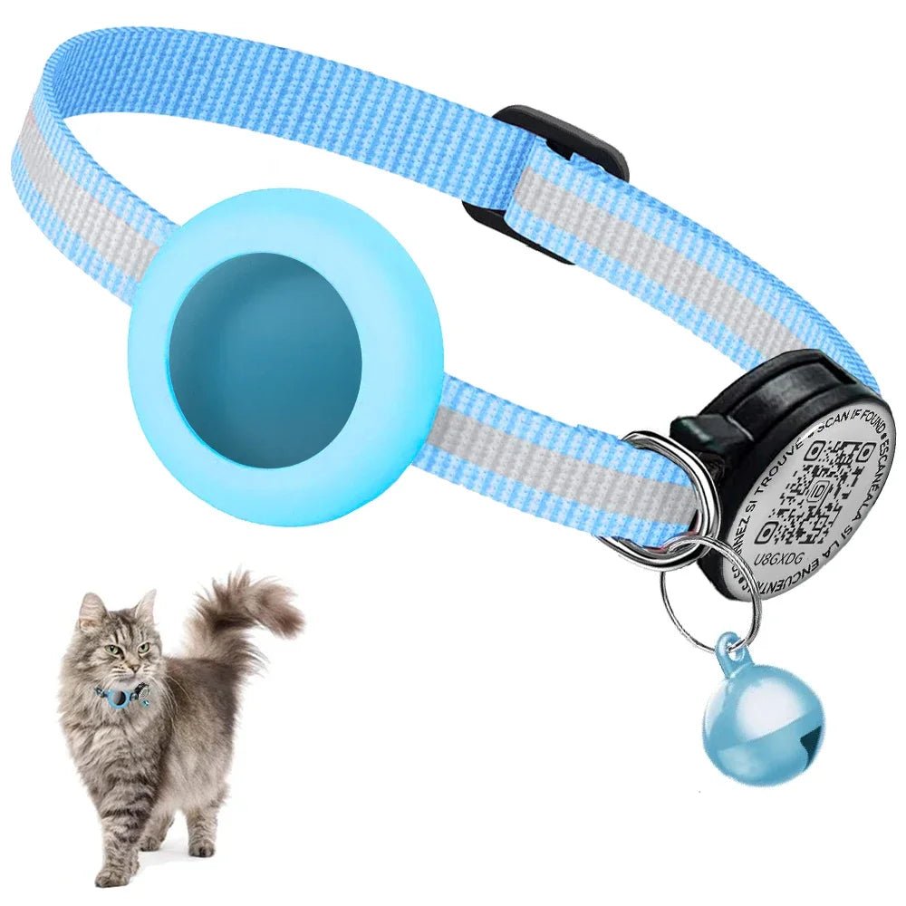 GPS Cat Collar 2-in-1 AirTag Case & QR ID Tag | Anti-Lost Reflective Nylon | Breakaway with Bell