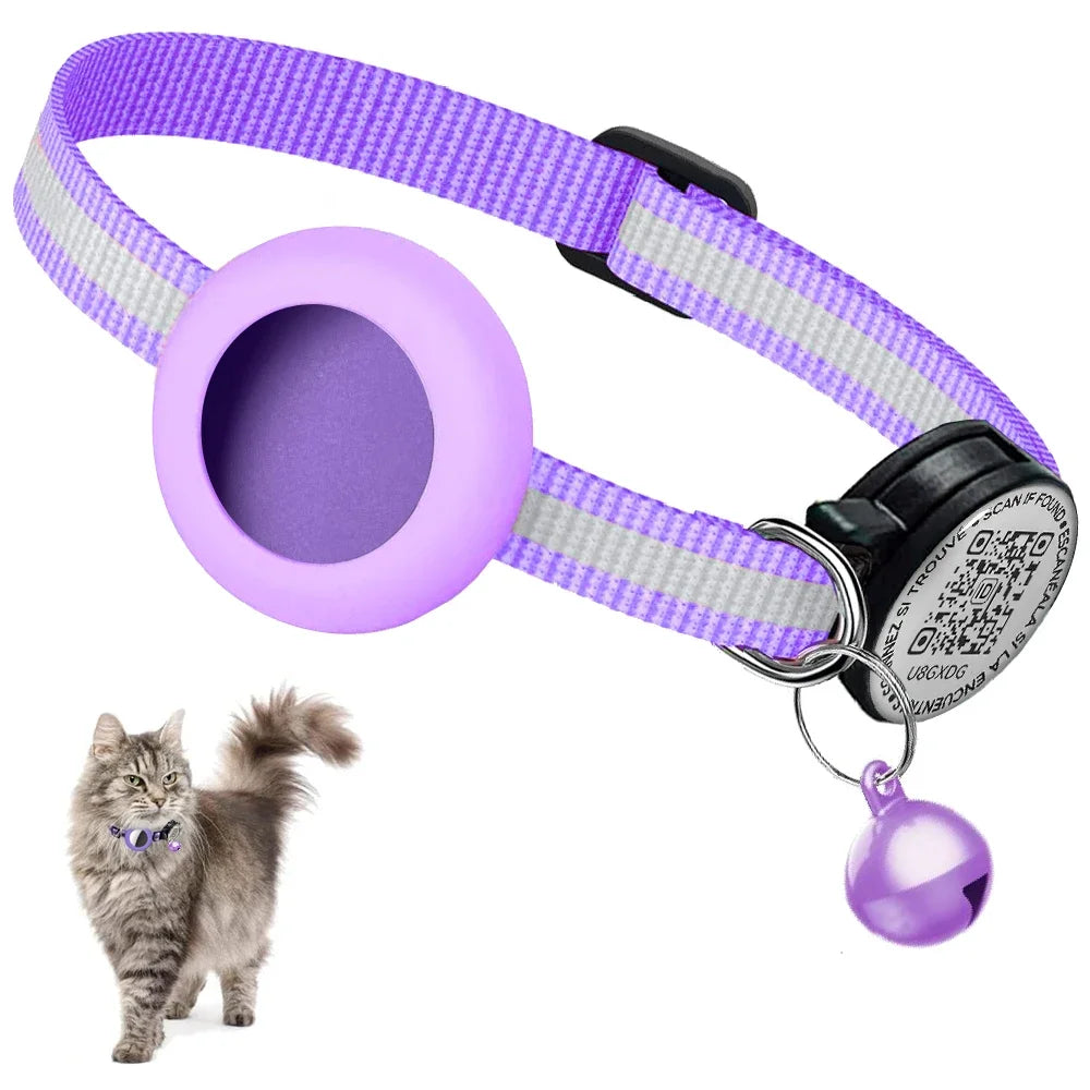 GPS Cat Collar 2-in-1 AirTag Case & QR ID Tag | Anti-Lost Reflective Nylon | Breakaway with Bell