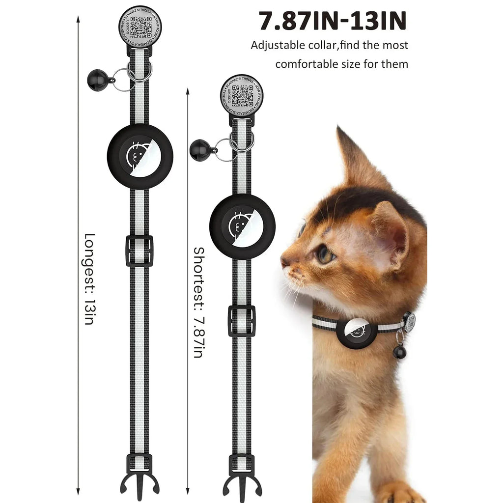 GPS Cat Collar 2-in-1 AirTag Case & QR ID Tag | Anti-Lost Reflective Nylon | Breakaway with Bell