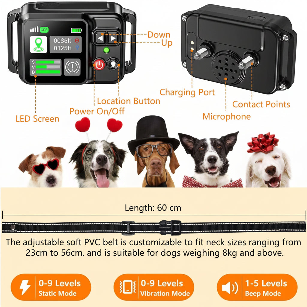 GPS dog fence collar parts diagram – LED screen contact points vibration static beep modes 60cm strap