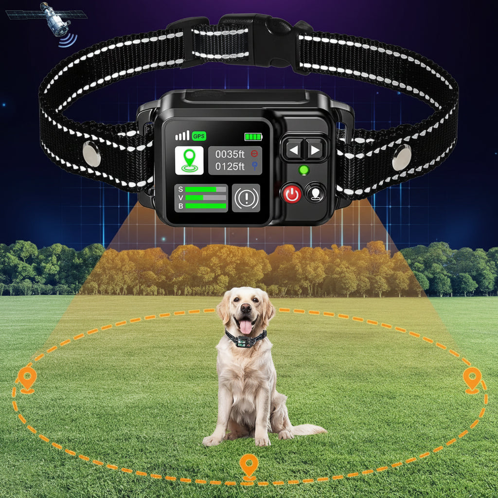 GPS wireless dog fence collar with LCD display – golden retriever inside satellite boundary zone