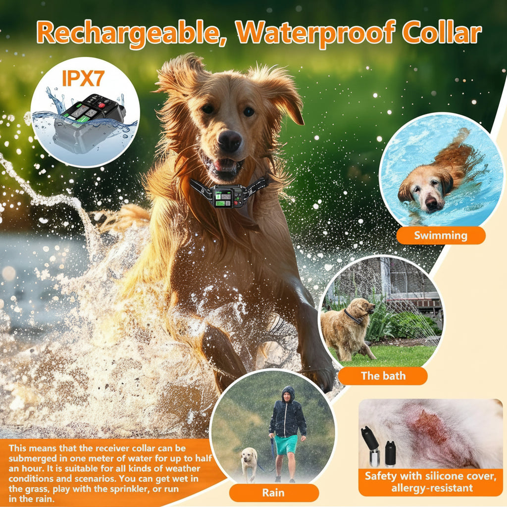 IPX7 waterproof rechargeable GPS dog fence collar – swimming rain and bath safe