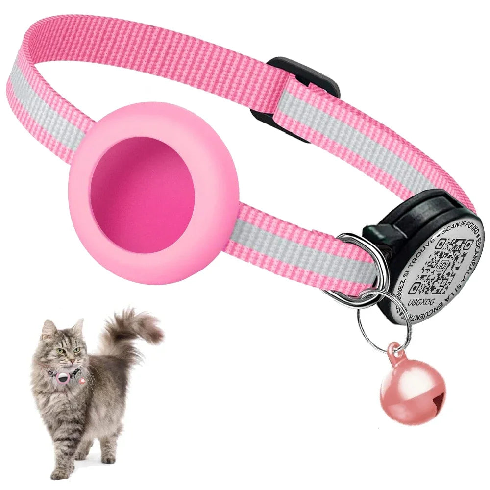 GPS Cat Collar 2-in-1 AirTag Case & QR ID Tag | Anti-Lost Reflective Nylon | Breakaway with Bell