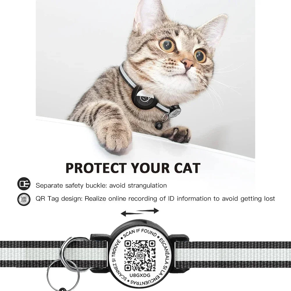 GPS Cat Collar 2-in-1 AirTag Case & QR ID Tag | Anti-Lost Reflective Nylon | Breakaway with Bell