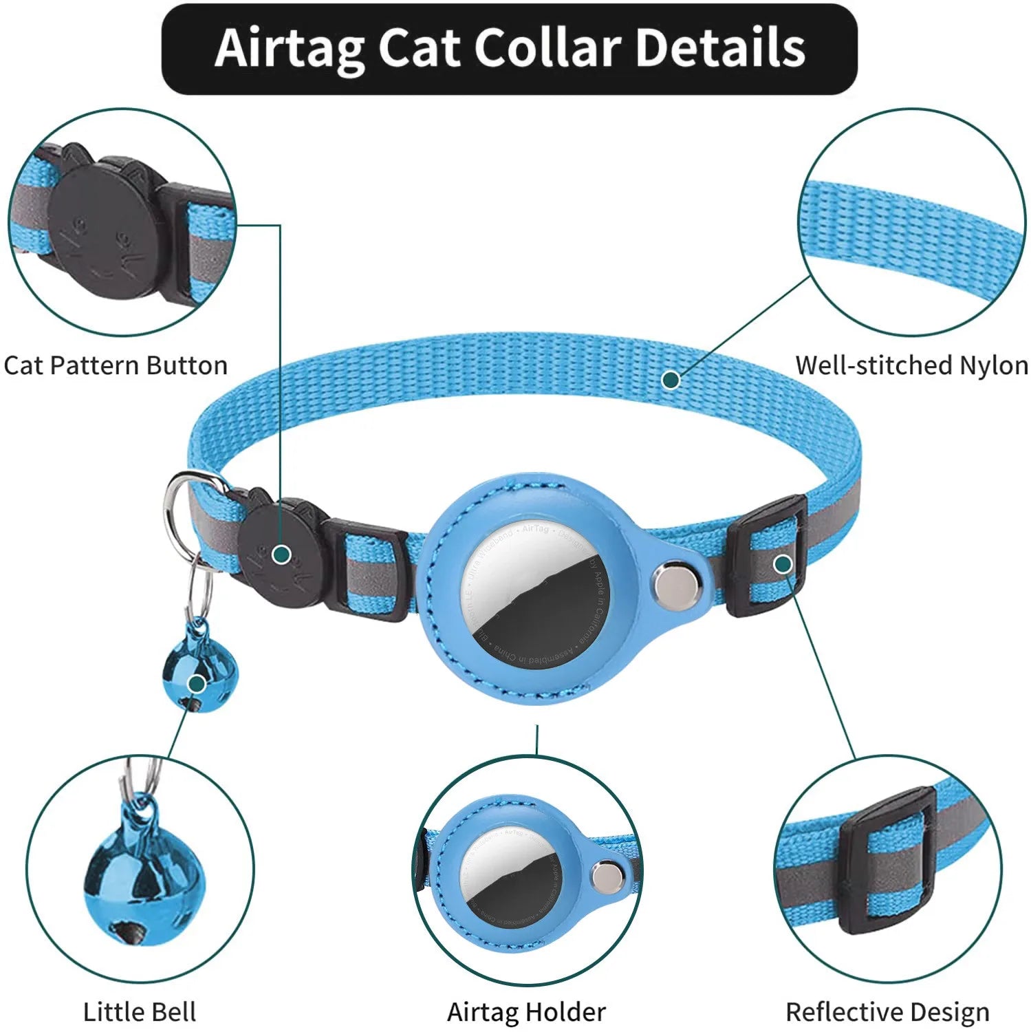 AirTag Cat Collar with Protective Case | Reflective Safety Breakaway Collar with Bell for Cats and Small Dogs