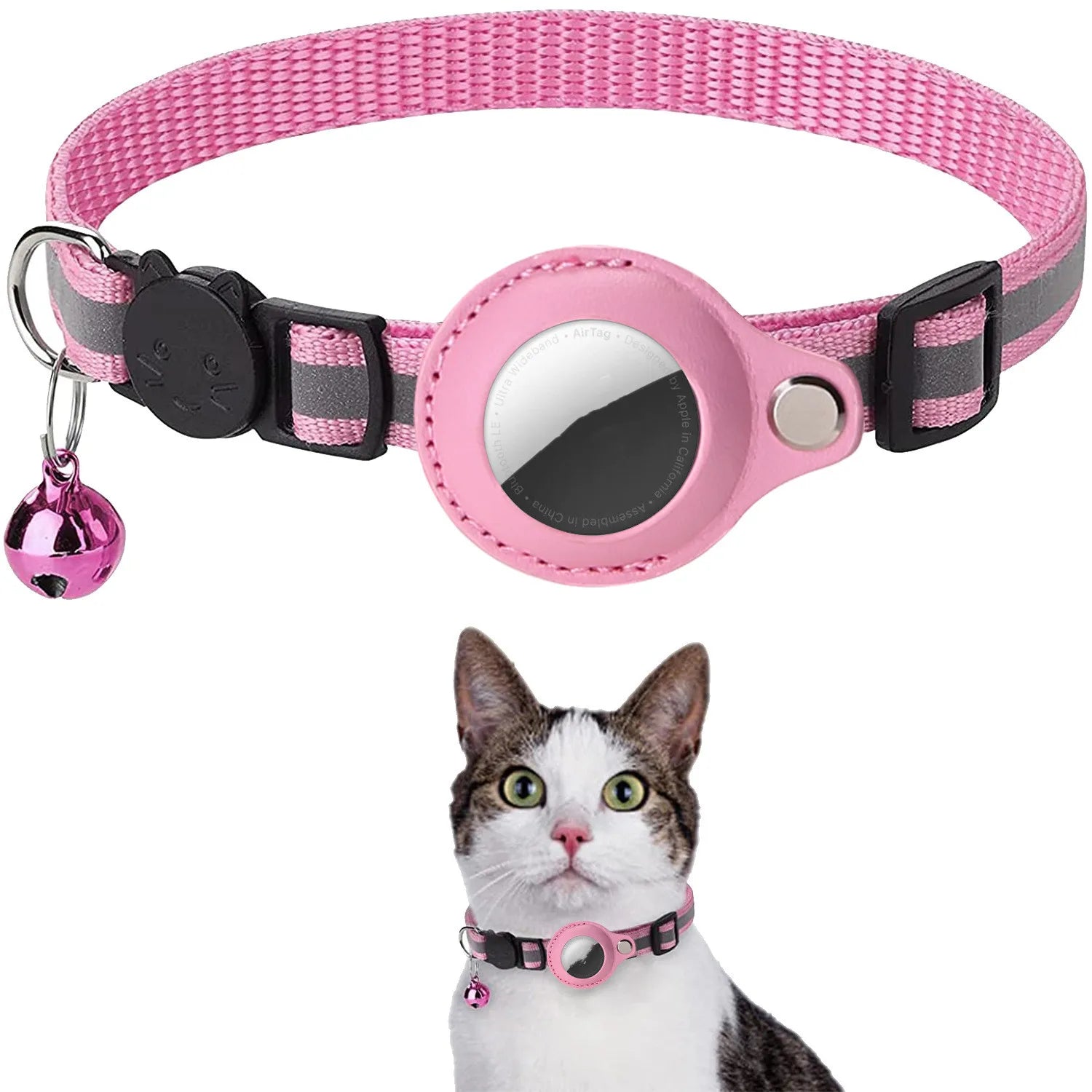 Pink AirTag cat collar with matching bell and white tabby cat wearing it