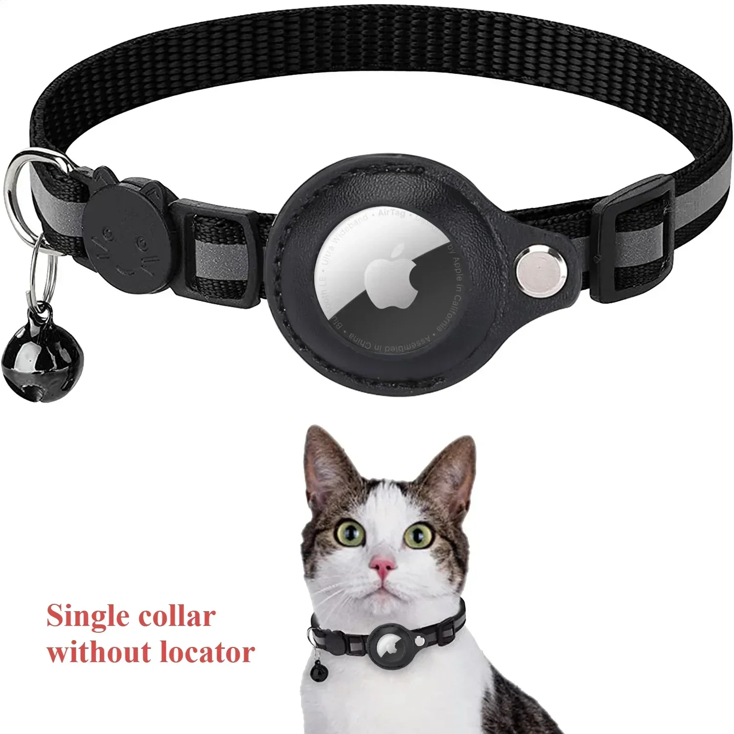 Black reflective cat collar with AirTag holder and bell, shown on cat - collar sold without GPS locator device