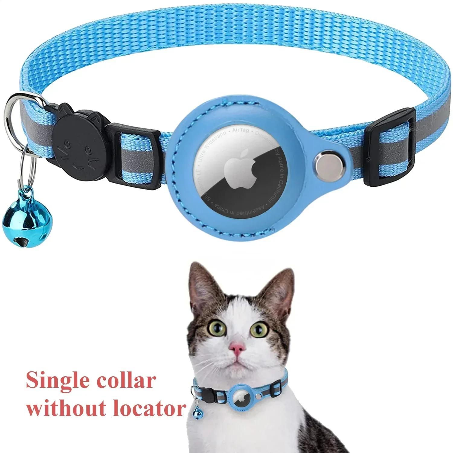 Blue reflective cat collar with AirTag holder and bell, shown on cat - collar sold without GPS locator device