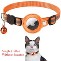 Orange reflective cat collar with AirTag holder and bell, shown on cat - collar sold without GPS locator device
