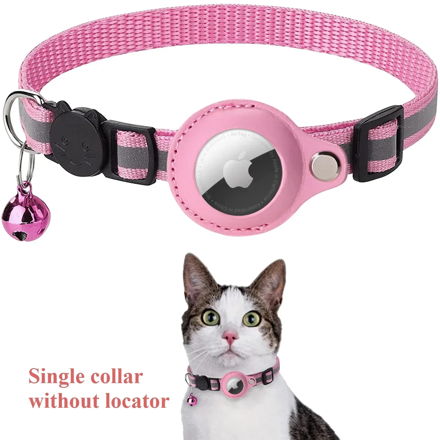 Pink reflective cat collar with AirTag holder and bell, shown on cat - collar sold without GPS locator device