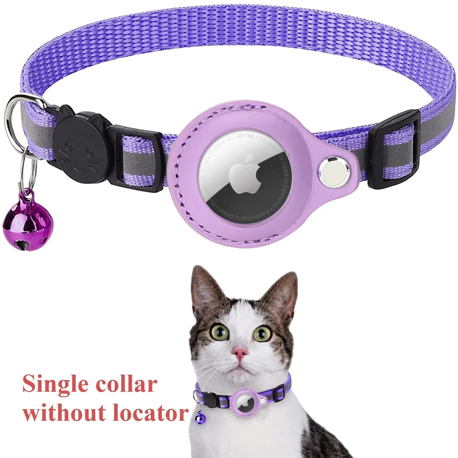Purple reflective cat collar with AirTag holder and bell, shown on cat - collar sold without GPS locator device
