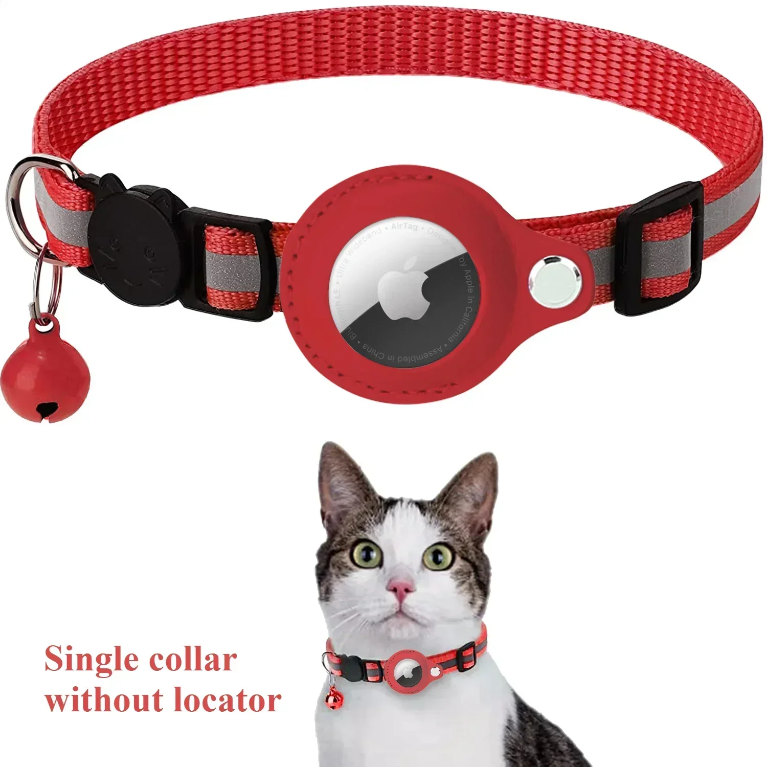 Red reflective cat collar with AirTag holder and bell, shown on cat - collar sold without GPS locator device
