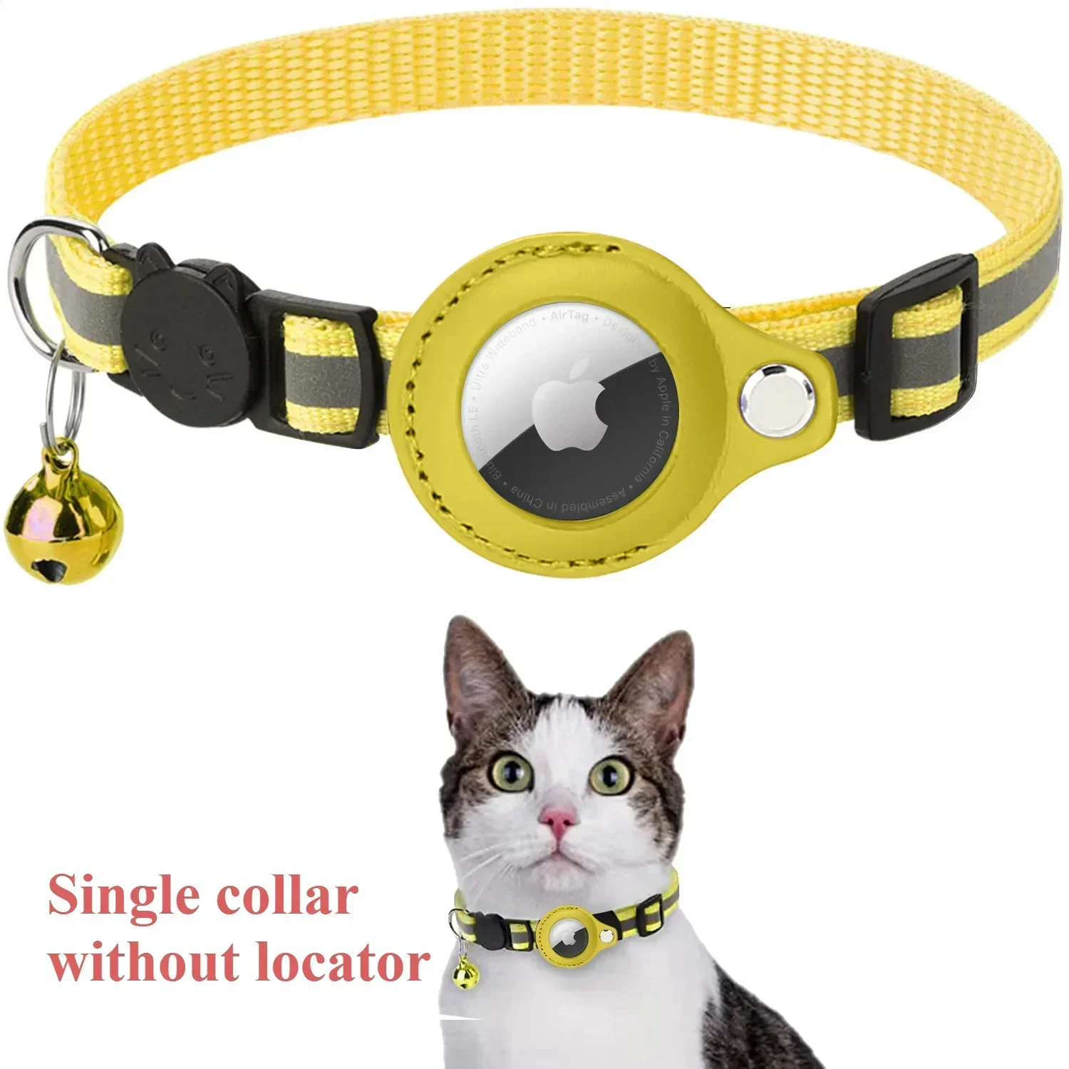 Yellow reflective cat collar with AirTag holder and bell, shown on cat - collar sold without GPS locator device
