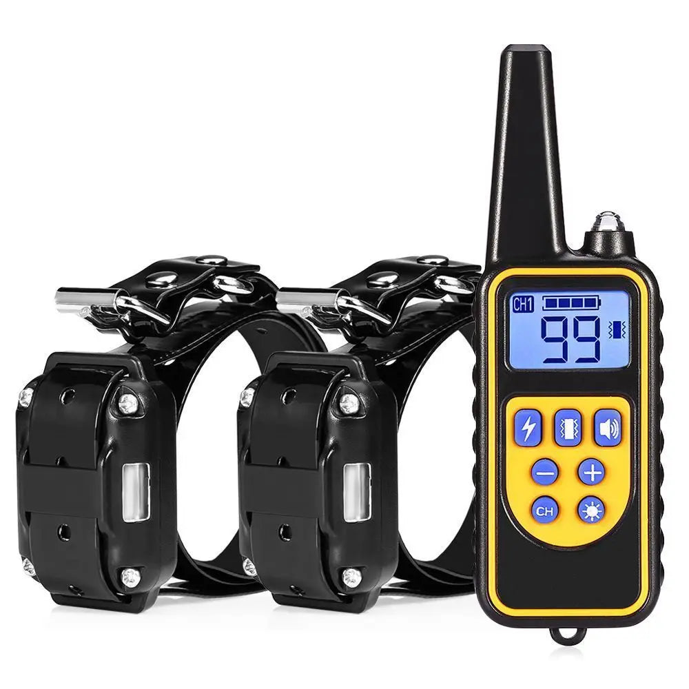 Electric dog training collar with 2 black receivers and yellow LCD remote – rechargeable e-collar system product shot