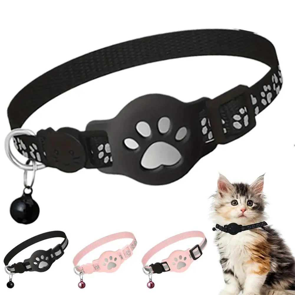 GPS cat collar black and pink color variants with paw print tracker holder worn by a kitten