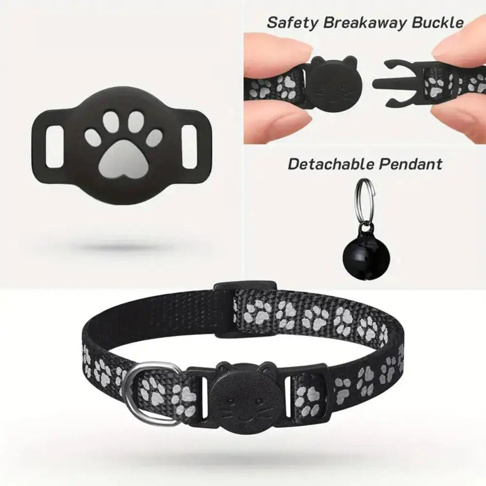 GPS cat collar detail showing paw print tracker holder safety breakaway buckle and detachable bell pendant
