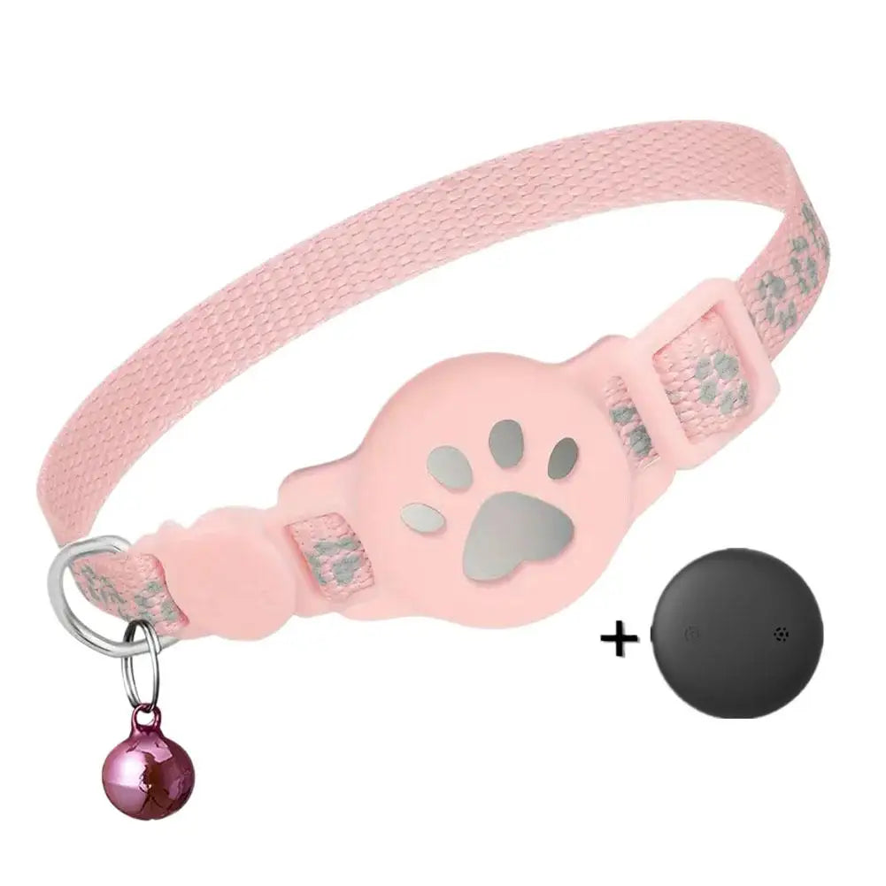 Pink GPS cat collar with paw print AirTag silicone holder and pink bell pendant with AirTag tracker