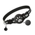 Black reflective GPS cat collar with paw print AirTag holder and bell showing AirTag tracker separately