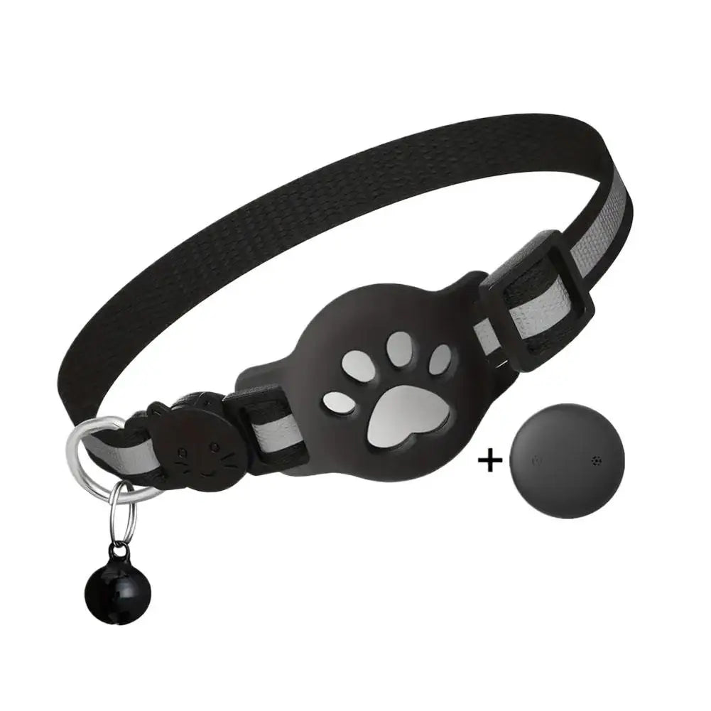 Black reflective GPS cat collar with paw print AirTag holder and bell showing AirTag tracker separately