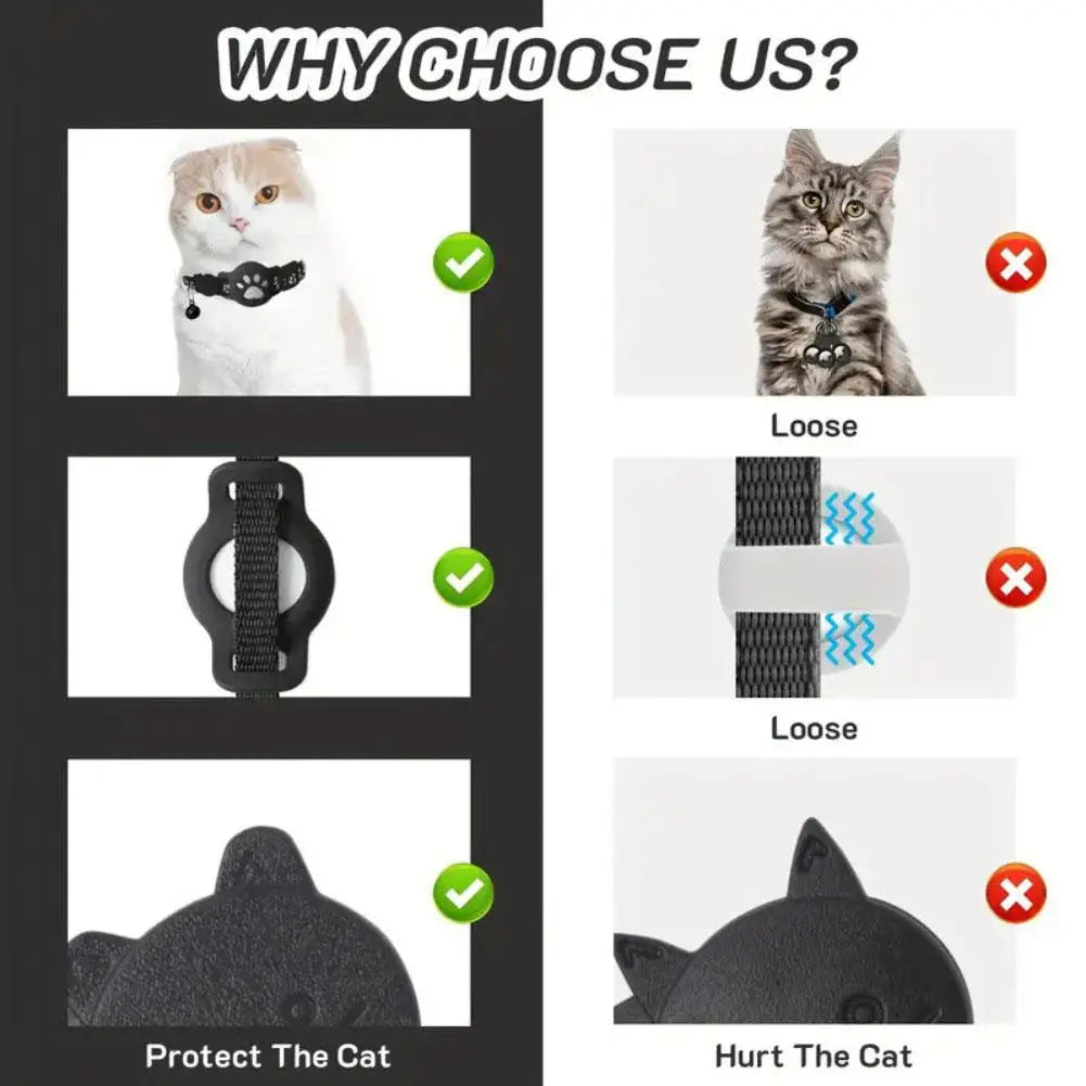 Why choose us infographic comparing safe GPS cat collar that protects the cat versus loose collar that hurts the cat