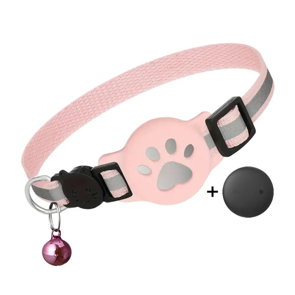 Infographic highlighting key features of mini GPS cat tracker collar including waterproof reflective strip and real-time tracking