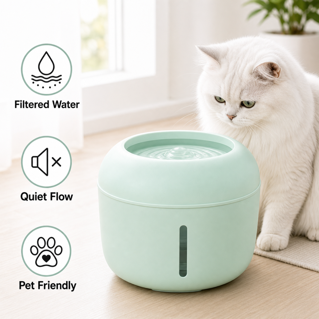 Mint pet water fountain with cat drinking – ultra-quiet filtered dispenser