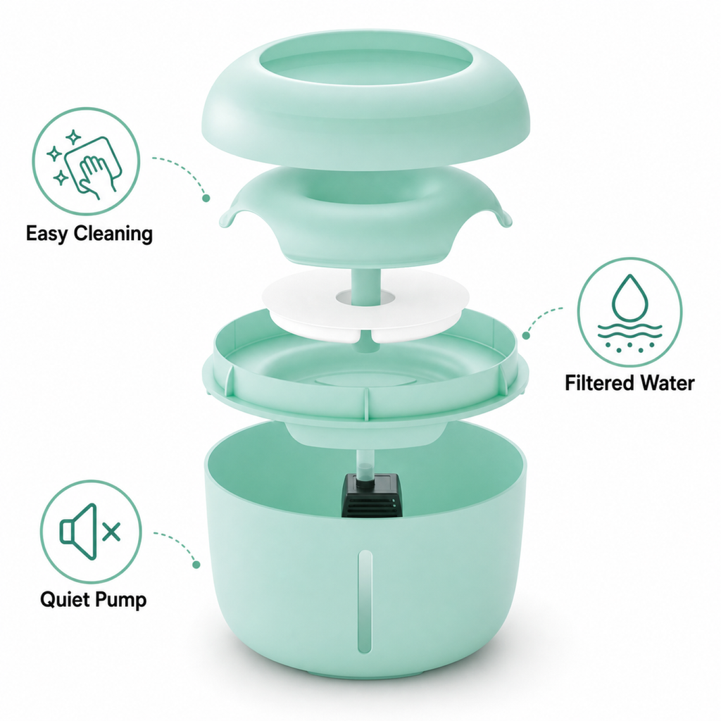Mint pet water fountain exploded view – filter components assembly guide
