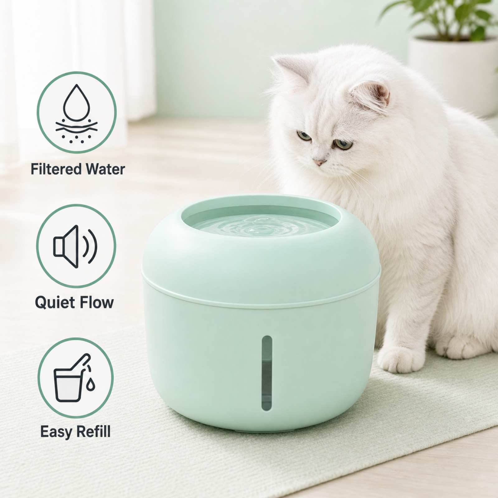 Mint pet water fountain with cat – filtered quiet pet drinking fountain