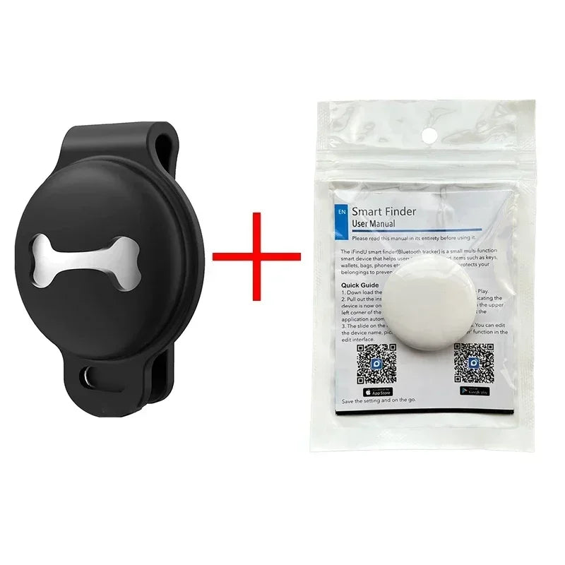 Black silicone collar clip holder and Smart Finder Bluetooth tracker device shown with user manual packaging
