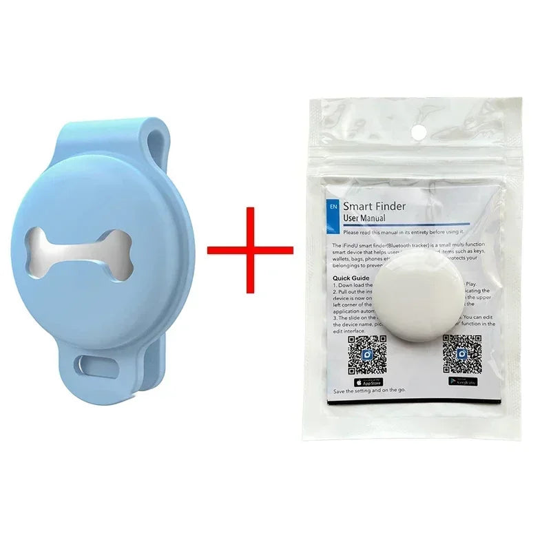 Light blue silicone collar clip holder and Smart Finder Bluetooth tracker device shown with user manual packaging
