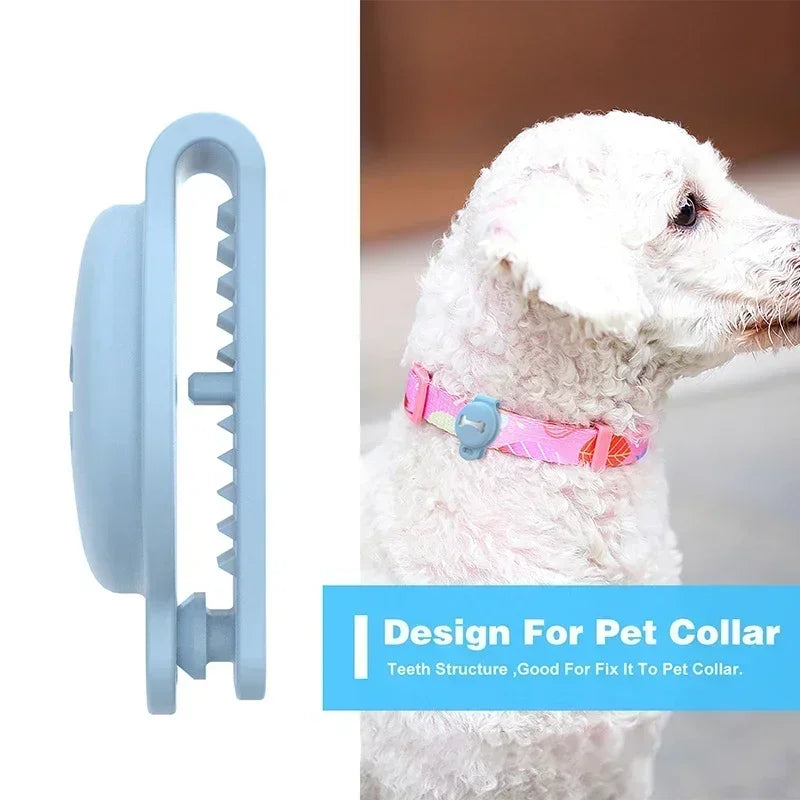 Blue pet tracker collar clip with teeth structure design for secure attachment shown with fluffy dog wearing pink tracker