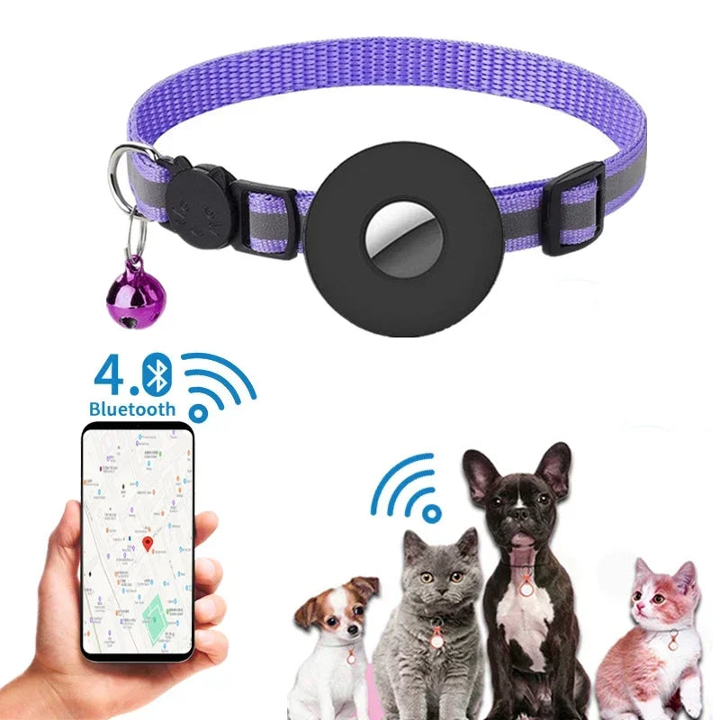Purple pet tracker collar with Bluetooth 4.0 connectivity GPS map app on phone and multiple cats and dogs
