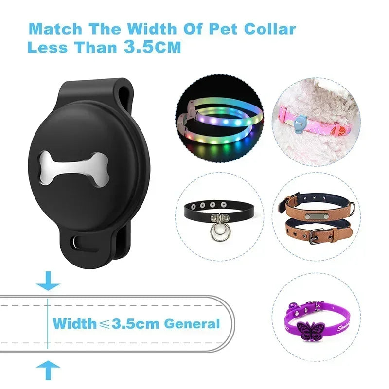 Pet tracker collar width compatibility guide showing requirement of 3.5cm or less with various collar style examples