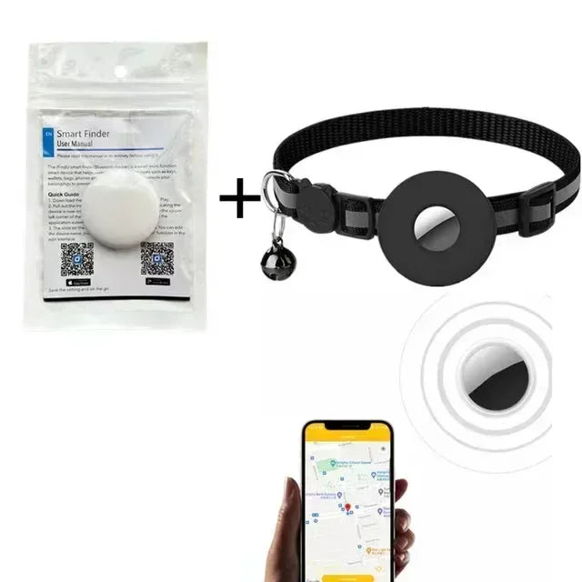 Complete pet tracker set including Smart Finder device, black reflective cat collar with tracker holder, and smartphone GPS tracking app