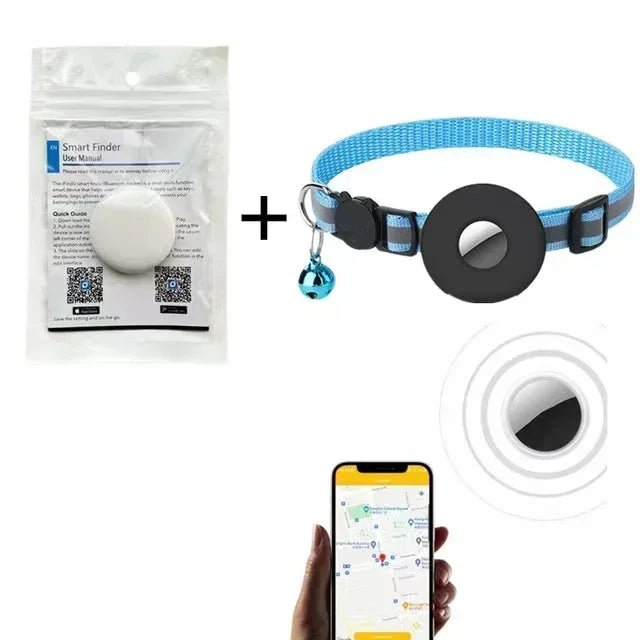 Complete pet tracker set including Smart Finder device, blue reflective cat collar with tracker holder, and smartphone GPS tracking app