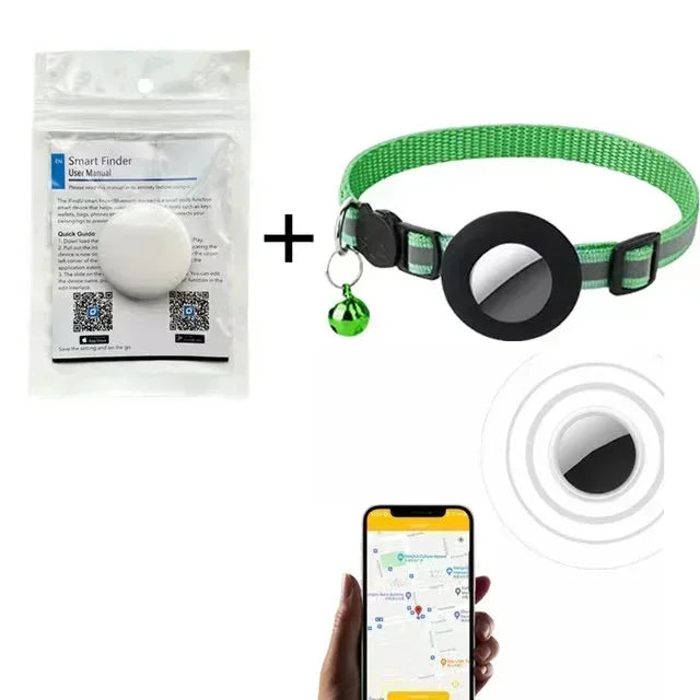 Complete pet tracker set including Smart Finder device, green reflective cat collar with tracker holder, and smartphone GPS tracking app