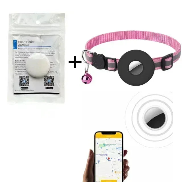 Complete pet tracker set including Smart Finder device, pink reflective cat collar with tracker holder, and smartphone GPS tracking app
