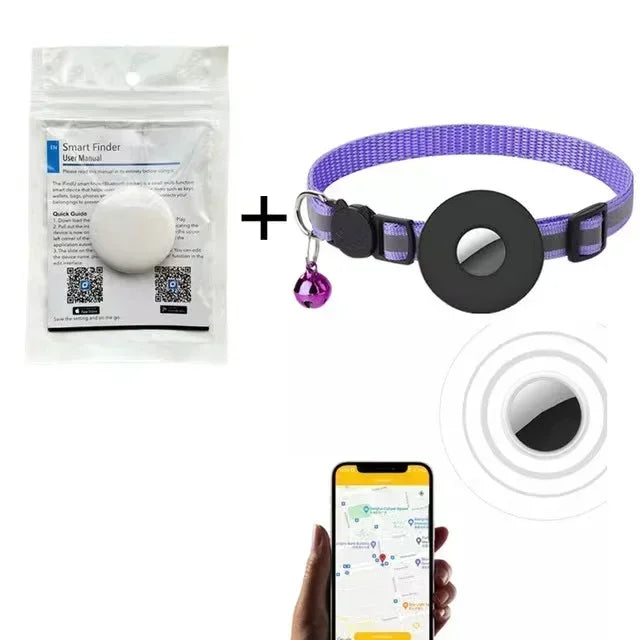 Complete pet tracker set including Smart Finder device, purple reflective cat collar with tracker holder, and smartphone GPS tracking app