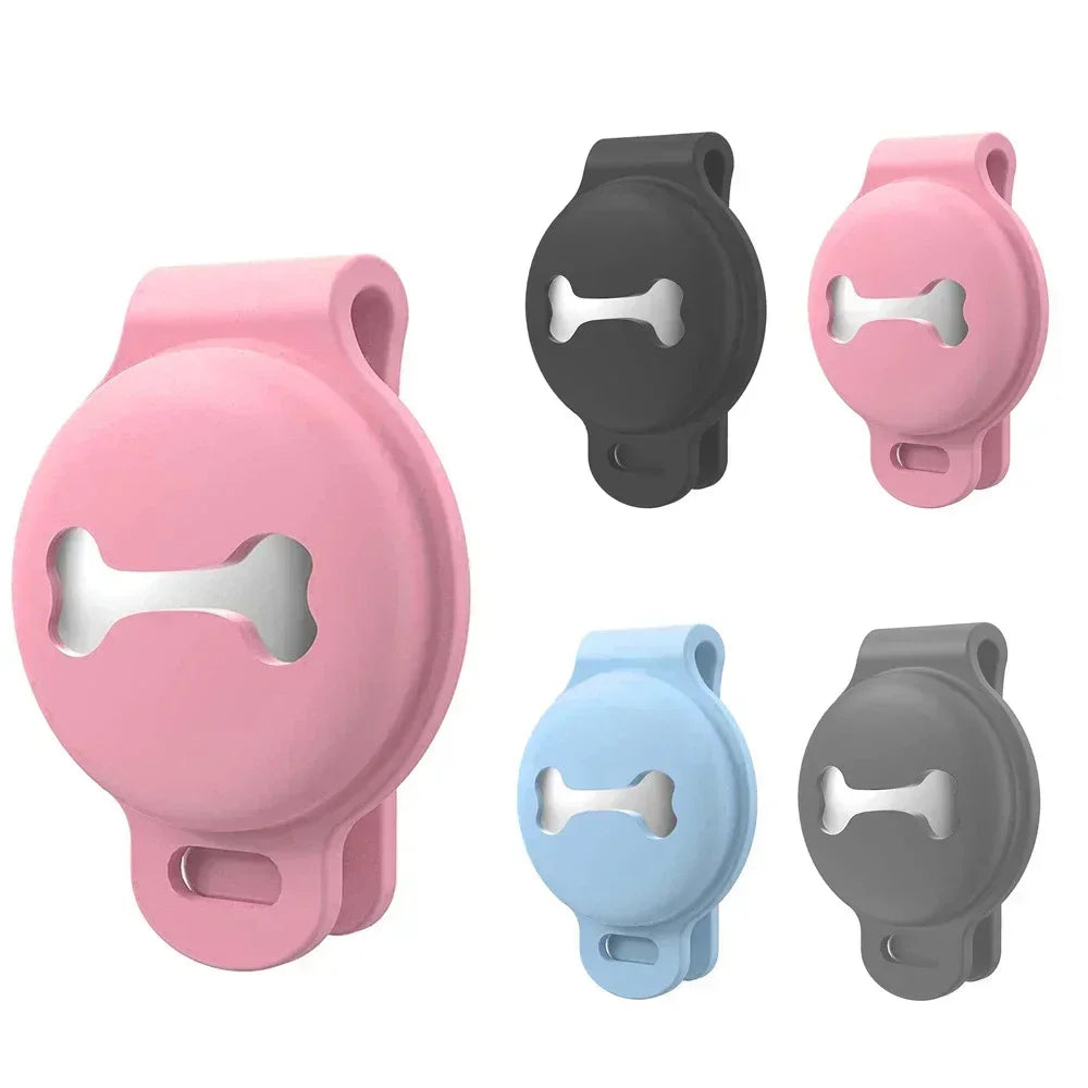 Pet GPS Bluetooth tracker device in 4 color options: pink, black, light blue and dark gray with bone cutout design