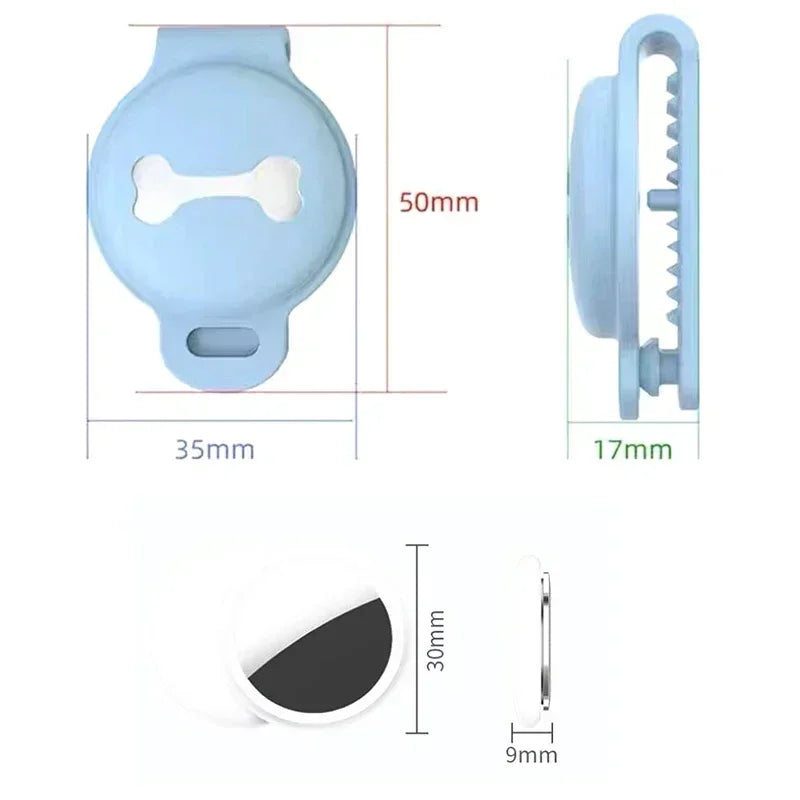 Pet tracker and collar clip dimensions diagram showing 50mm x 35mm x 17mm case and 30mm x 9mm tracker device