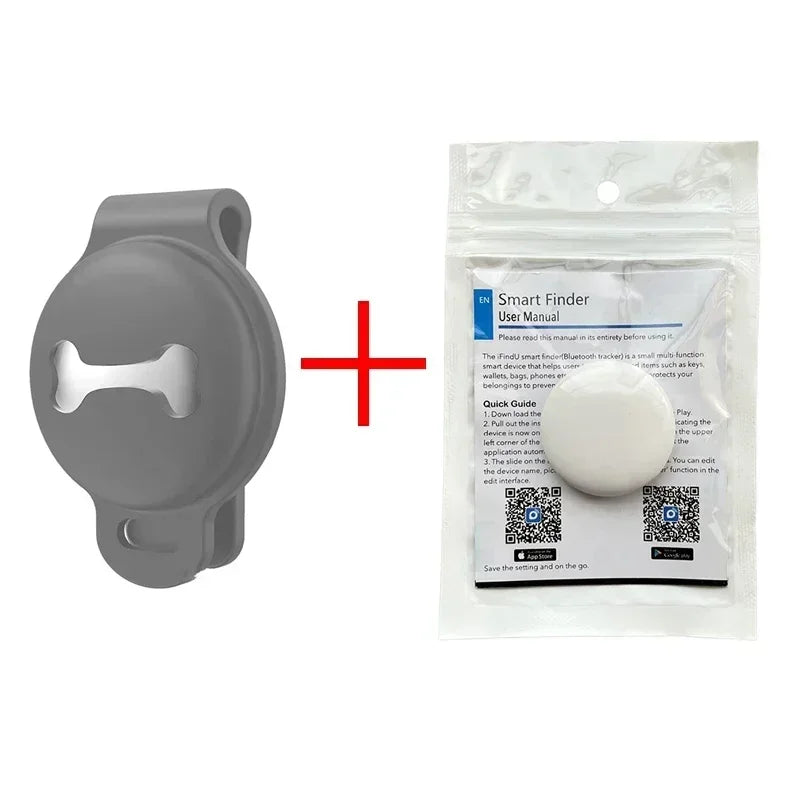 Gray silicone collar clip holder and Smart Finder Bluetooth tracker device shown with user manual packaging