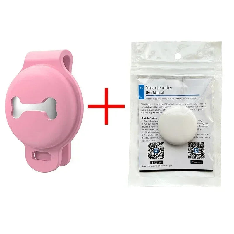 Pink silicone collar clip holder and Smart Finder Bluetooth tracker device shown with user manual packaging