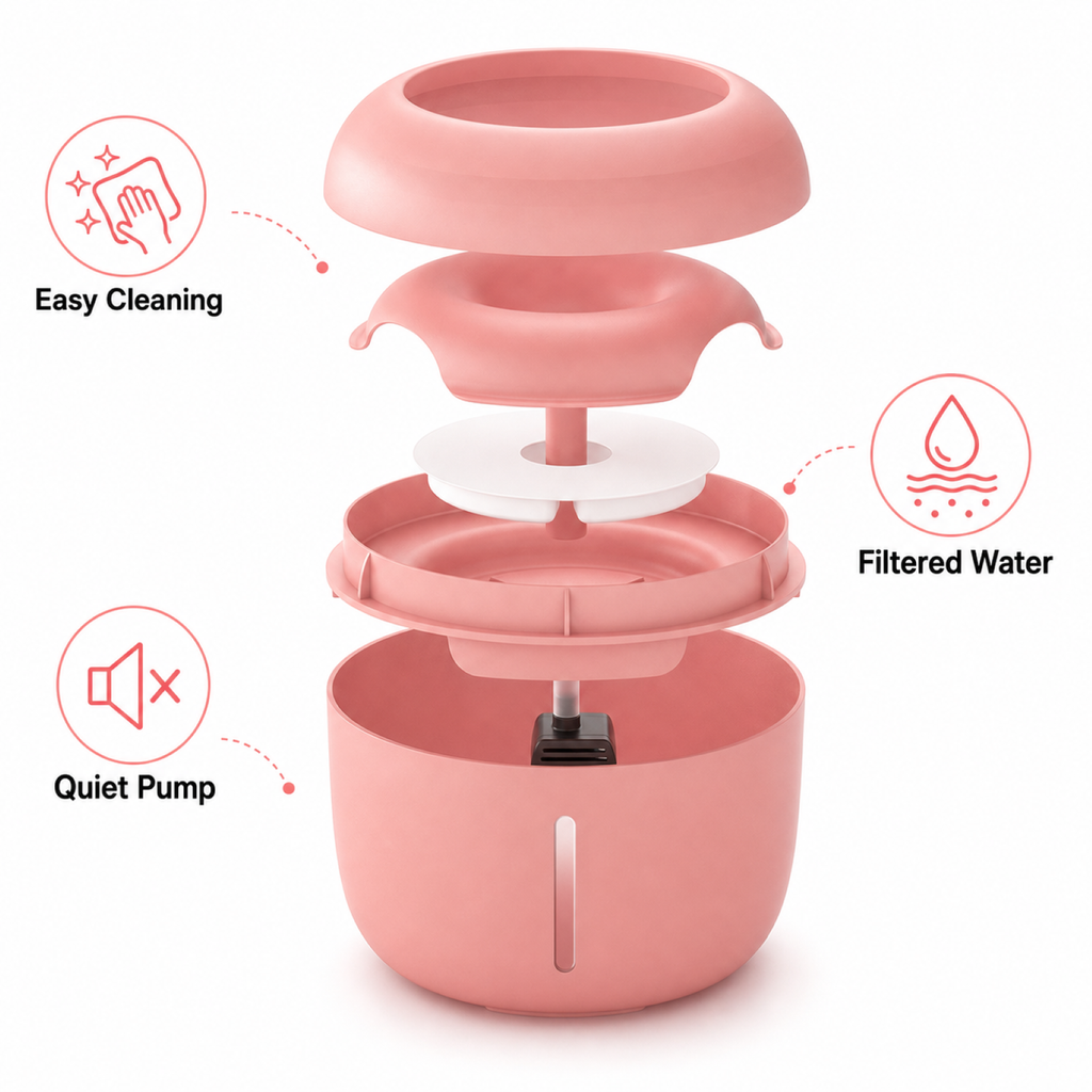 Pink pet water fountain exploded view – filter system assembly