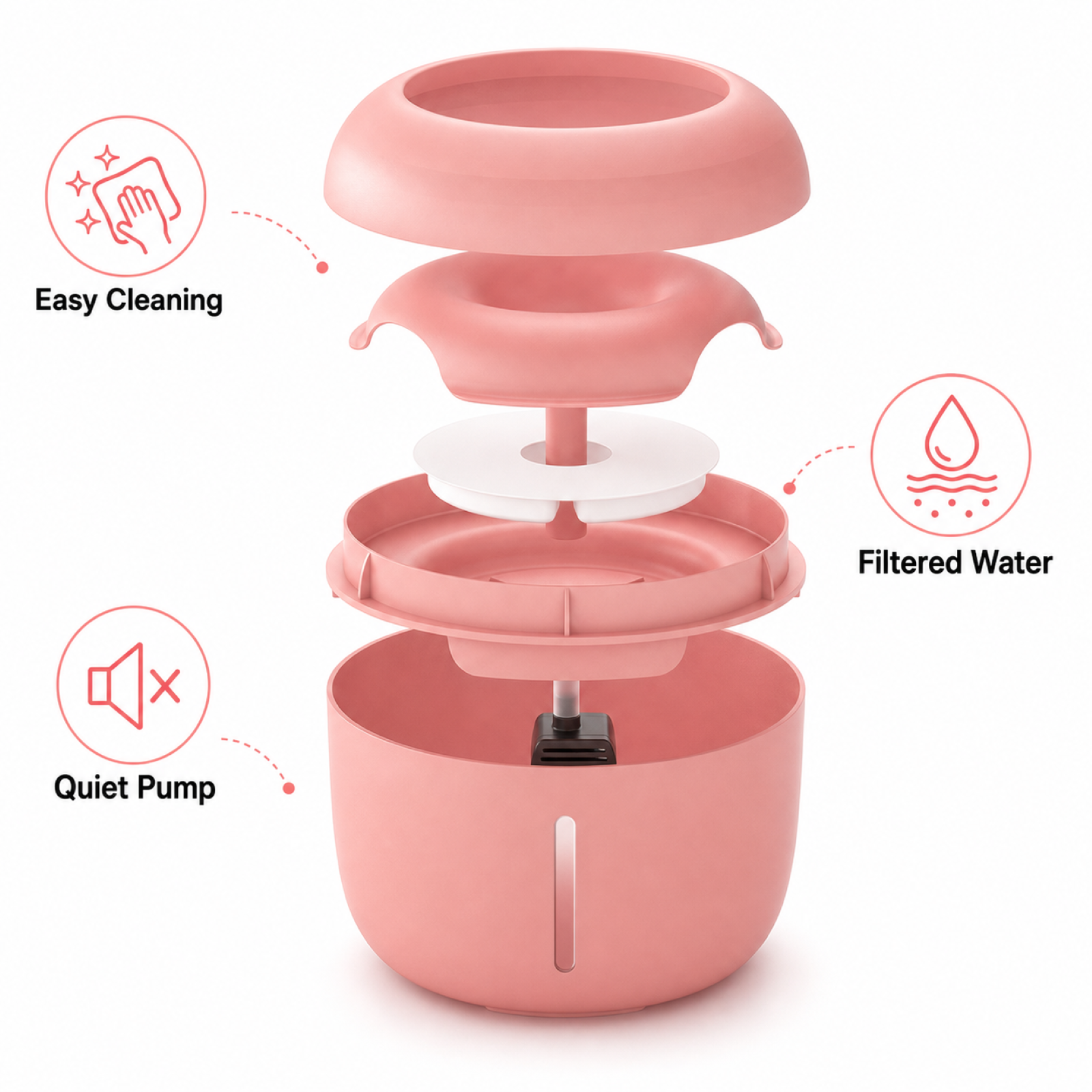 Pink pet water fountain exploded view – filter system assembly