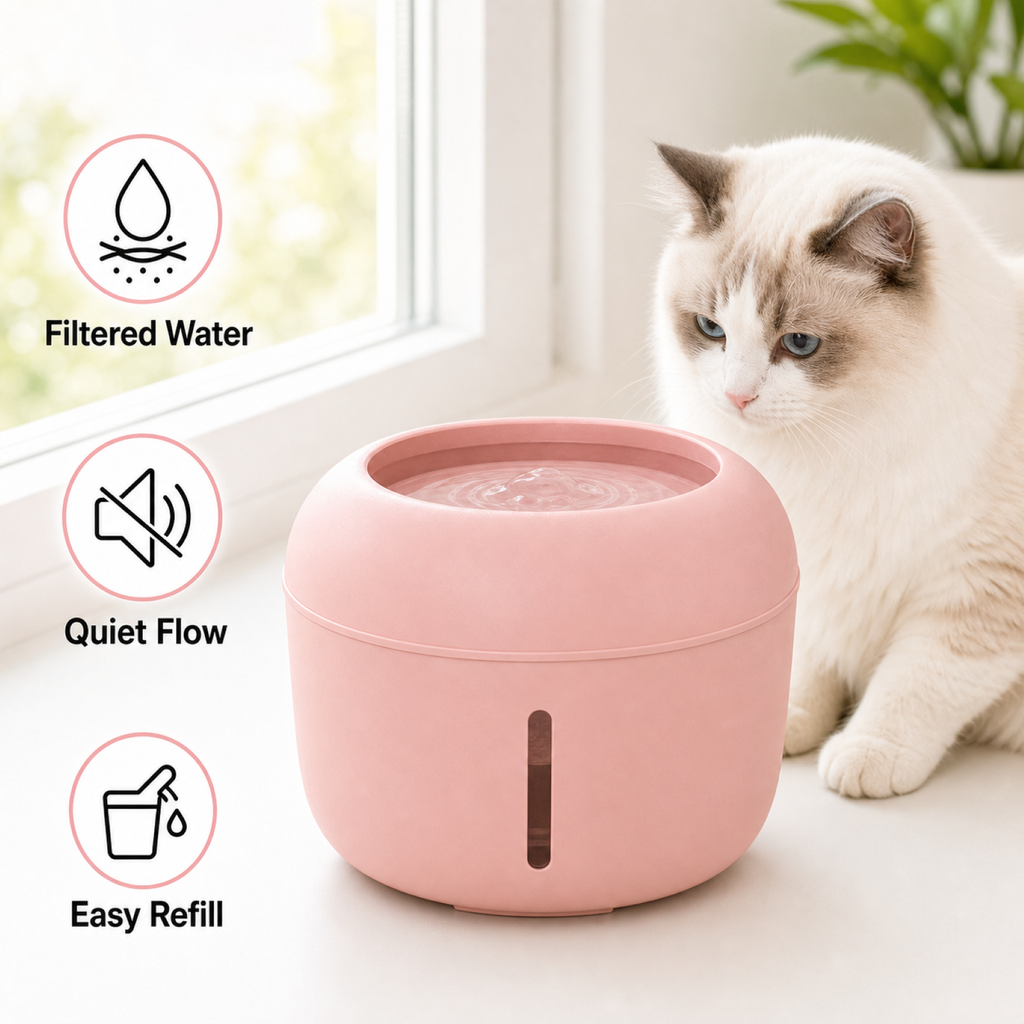 Pink pet water fountain on windowsill with cat – home pet hydration station