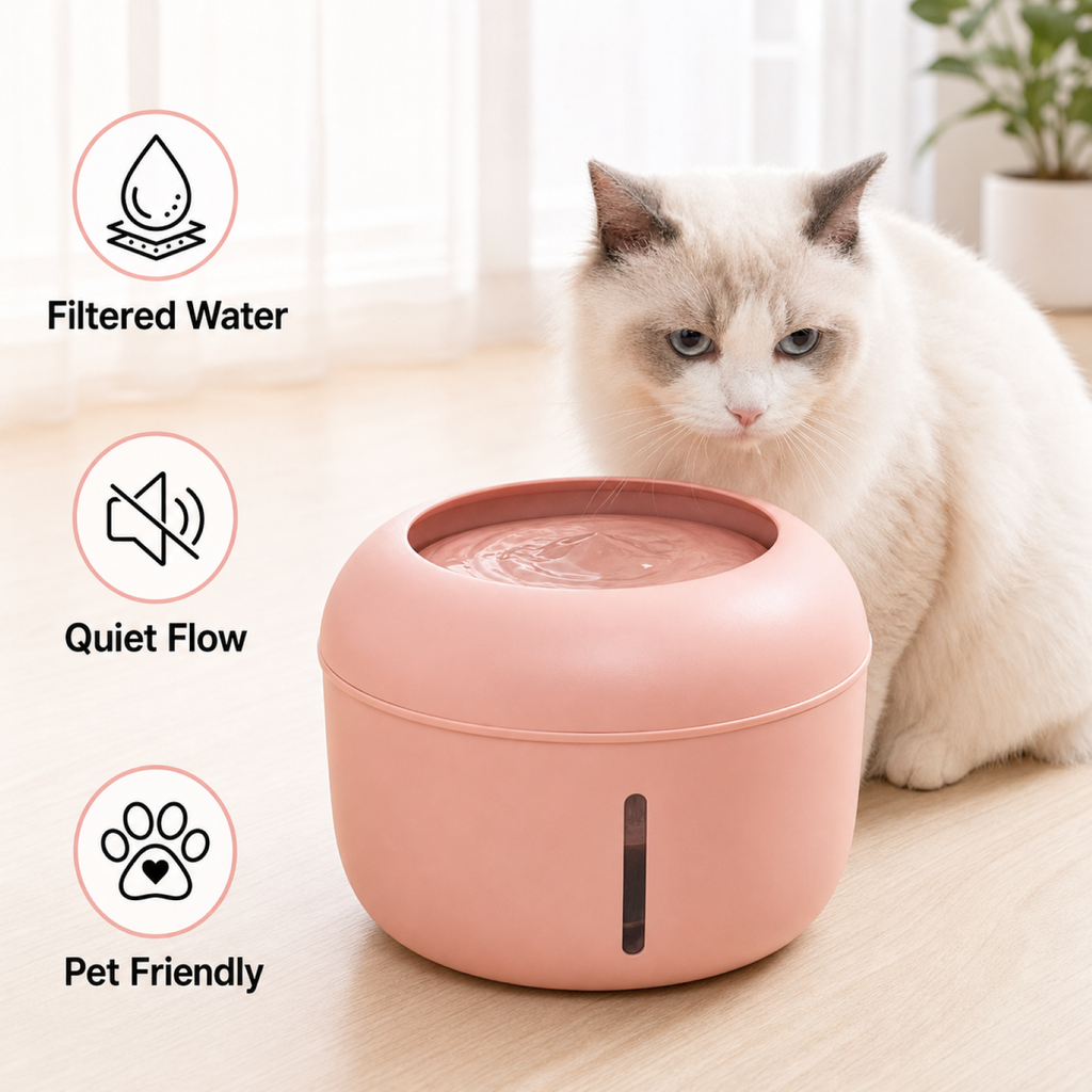 Pink pet life filtered water fountain with cat – ultra-quiet pump waterer