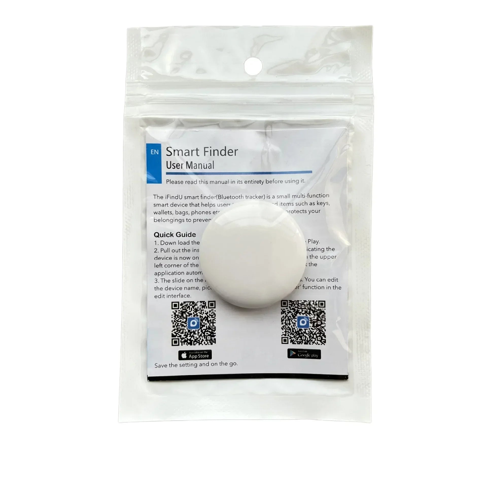 Smart Finder Bluetooth tracker device shown in packaging with user manual and QR code download links for iOS and Android app