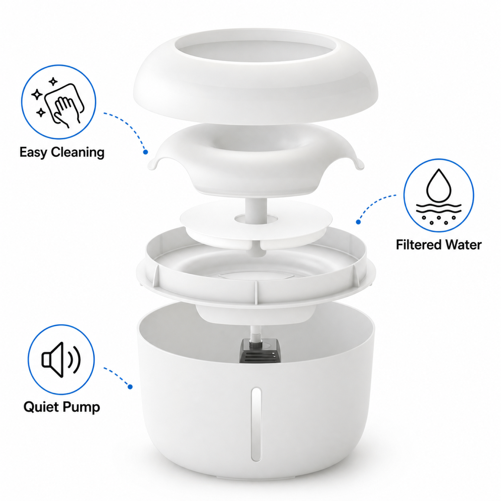 White pet water fountain exploded view – filtration system components