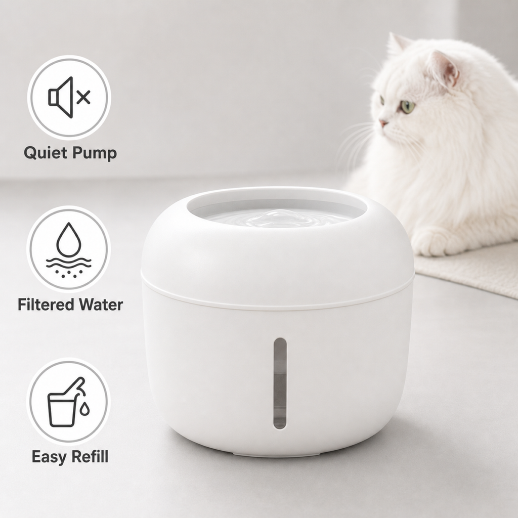 White modern pet water fountain with cat – sleek dog cat drinking dispenser